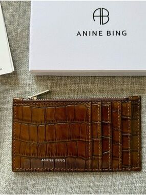 Anine Bing Brown Croc-Embossed Leather Zip Card Holder